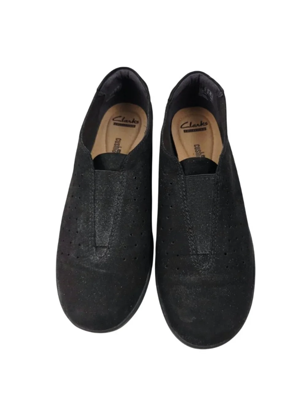 Clarks Loafers Womens Size 9.5 Black Leather Perforated Soft Cushion Shoes Suede - Picture 2 of 9